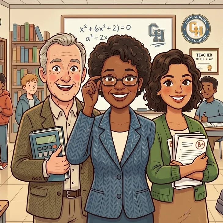 Three teachers smiling in a classroom setting.